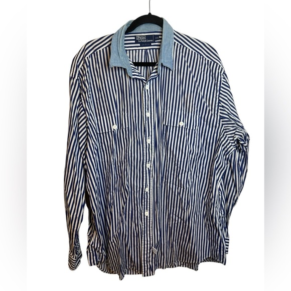 Polo Ralph Lauren Vintage Blue Striped Denim Collar Button Down - Picture 1 of 4